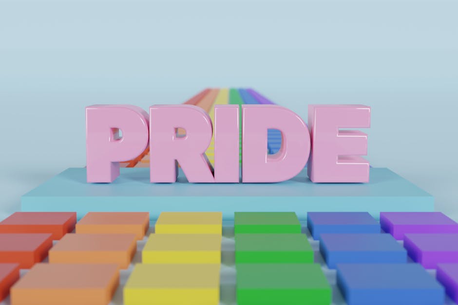 A vibrant 3D render featuring the word 'PRIDE' in pink with a rainbow path and colorful background.