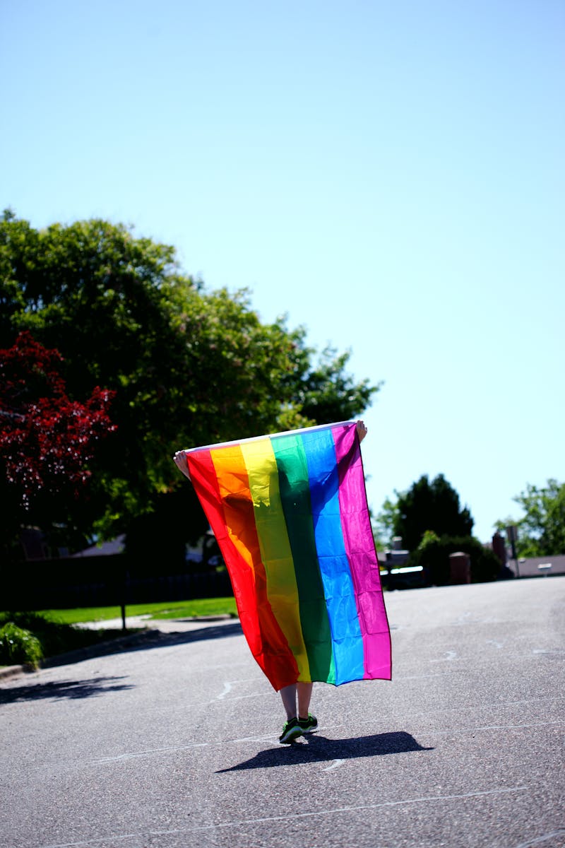 A vibrant pride flag held aloft against a sunny suburban street background.